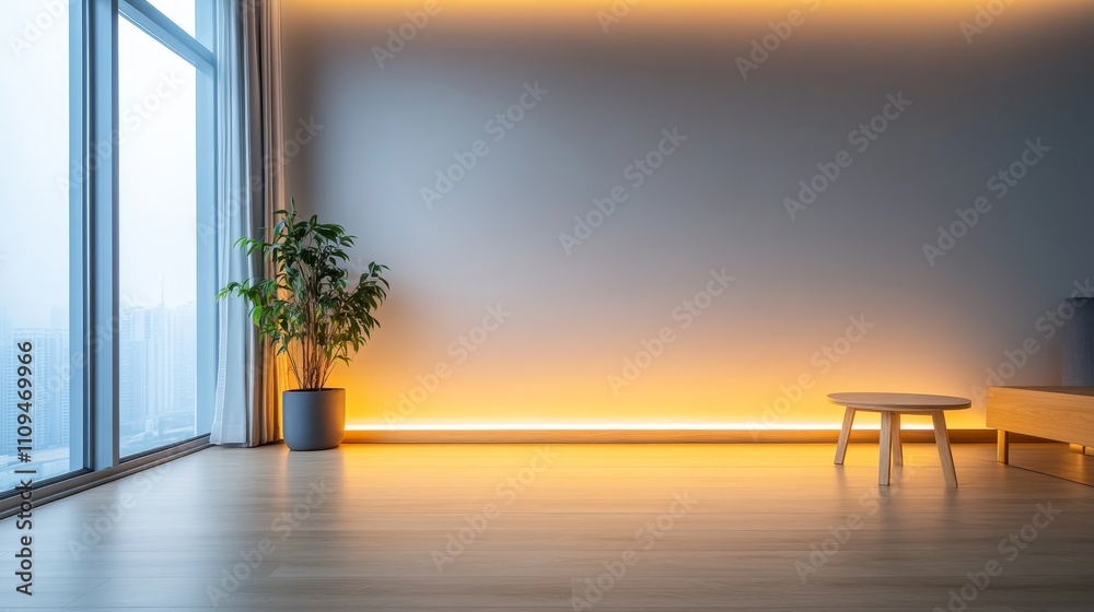 A living room with a couch, a coffee table, and a potted plant A living room with a couch, a coffee table, and a potted plant