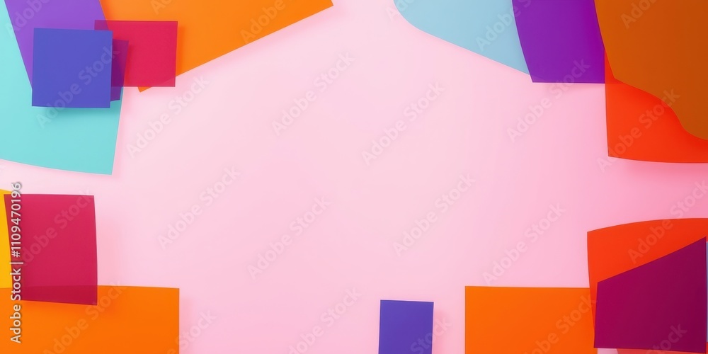 Abstract geometric background with vibrant colors and asymmetrical shapes on a pastel pink backdrop Abstract geometric background with vibrant colors and asymmetrical shapes on a pastel pink backdrop