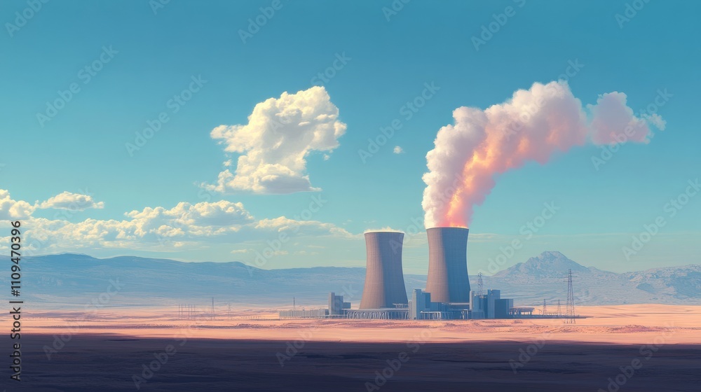 A Nuclear Power Station at Dusk with Cooling Towers Against the Sky

