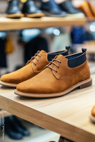 A pair of brown shoes with a blue stripe on the side. The shoes are on display in a store