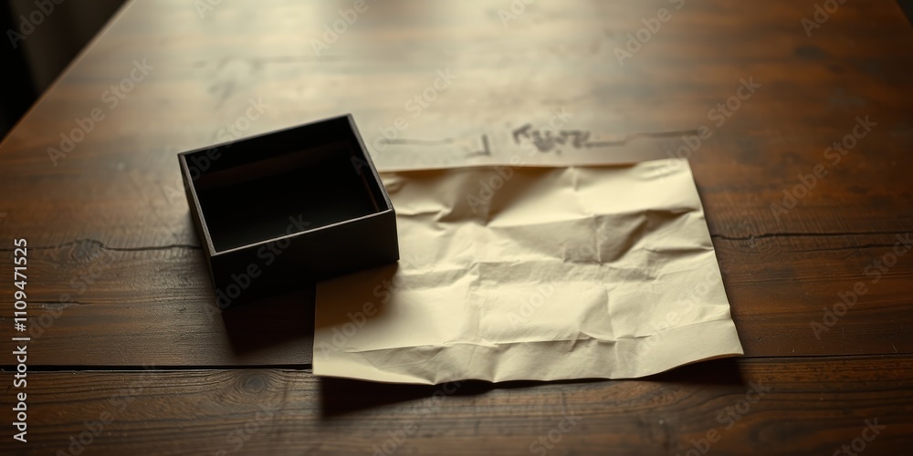 An empty black box rests beside a crumpled sheet of brown paper on a wooden table surface An empty black box rests beside a crumpled sheet of brown paper on a wooden table surface