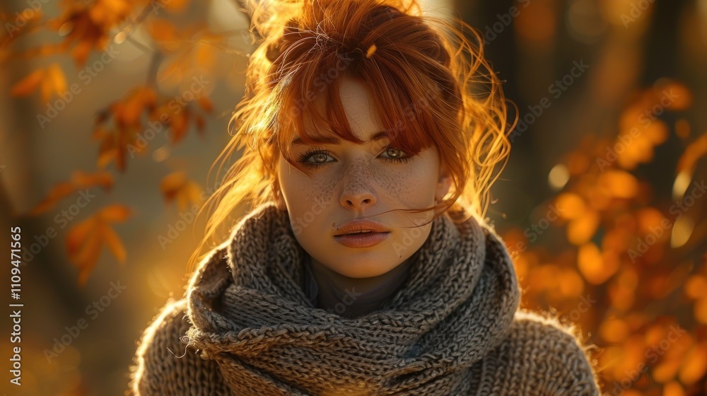 Redhead woman with freckles in autumn leaves. Redhead woman with freckles in autumn leaves.