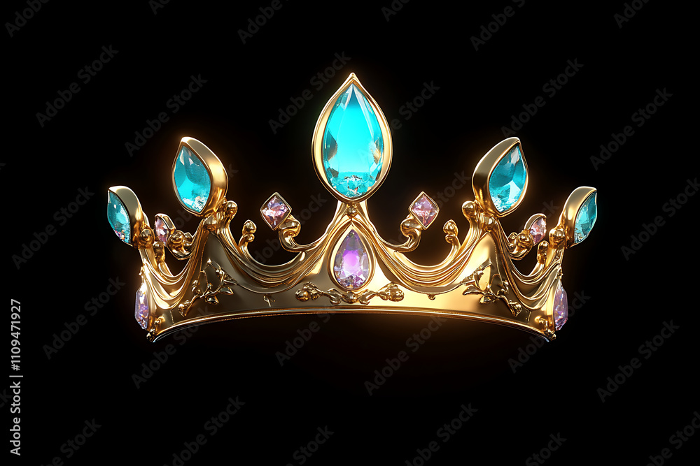 A golden crown adorned with blue and pink gemstones, symbolizing royalty and elegance.