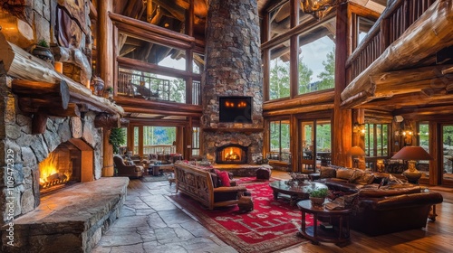 Luxurious log cabin living room with stone fireplaces, high ceilings, and large windows offering stunning mountain views.