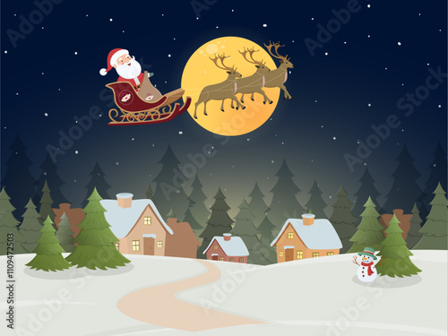 night snow santa clause and reindeer cute on the blue night sky winter snowman background illustration