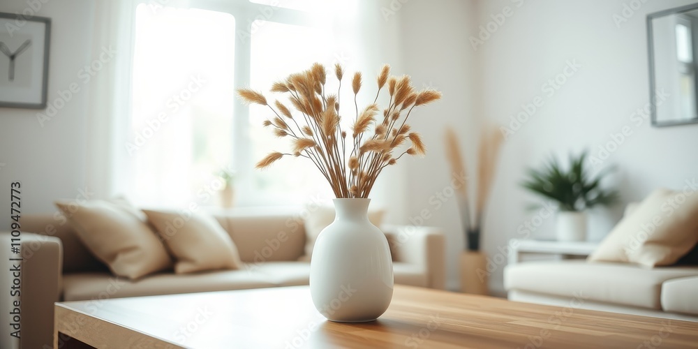 Dried Grass Bouquet in a White Vase on a Wooden Table in a Modern Living Room Dried Grass Bouquet in a White Vase on a Wooden Table in a Modern Living Room