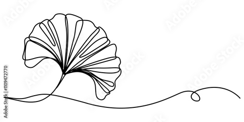 Ginkgo Leaf Continuous Line Drawing with Editable Stroke and Watercolor Elements, Ginkgo Biloba Leaves On White Background, Fresh ginkgo biloba green leaf continuous one line drawing, Ginkgo biloba. 