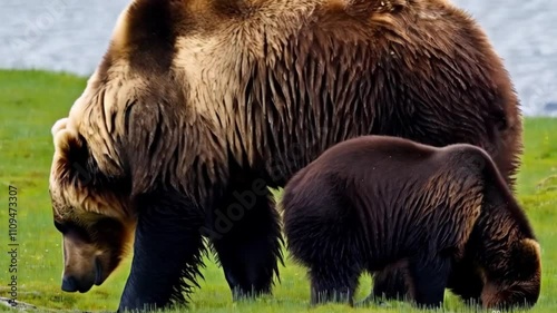 Brown Bear Mother and Cubs Grazing on Grass Near Medows