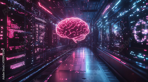 Creative visualization of an artificial intelligence concept in a futuristic digital corridor. Generative AI