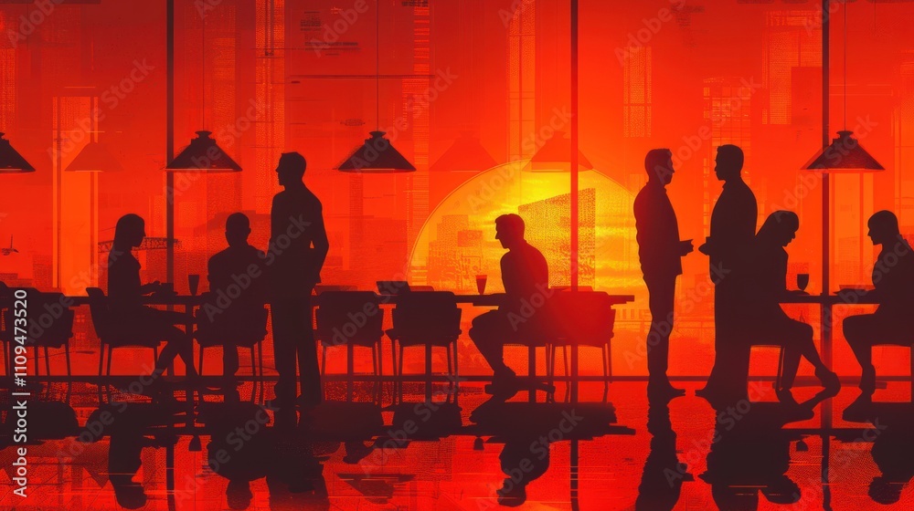 Silhouetted figures in a modern city cafe at sunset. Silhouetted figures in a modern city cafe at sunset.
