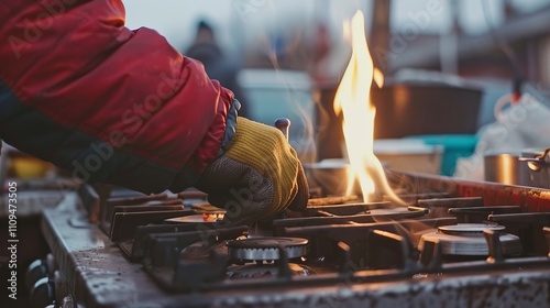 Close up of a technician repairing a gas stove in a kitchen appliance service setting photo