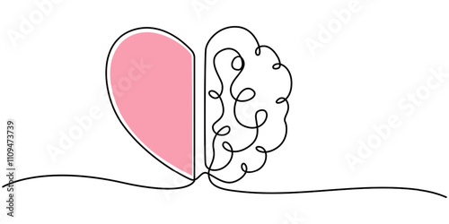 One line drawing of half of a human brain and a human heart. Vector illustration, One continuous line drawing of half human brain and love heart shape logo icon. Psychological split affection logotype