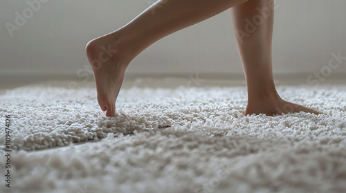 soft carpet texture, a hyper-realistic side view of a foot stepping on a plush and fluffy carpet photo