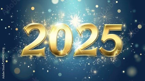 Large golden 3d text "2025" in the center, deep blue gradient background