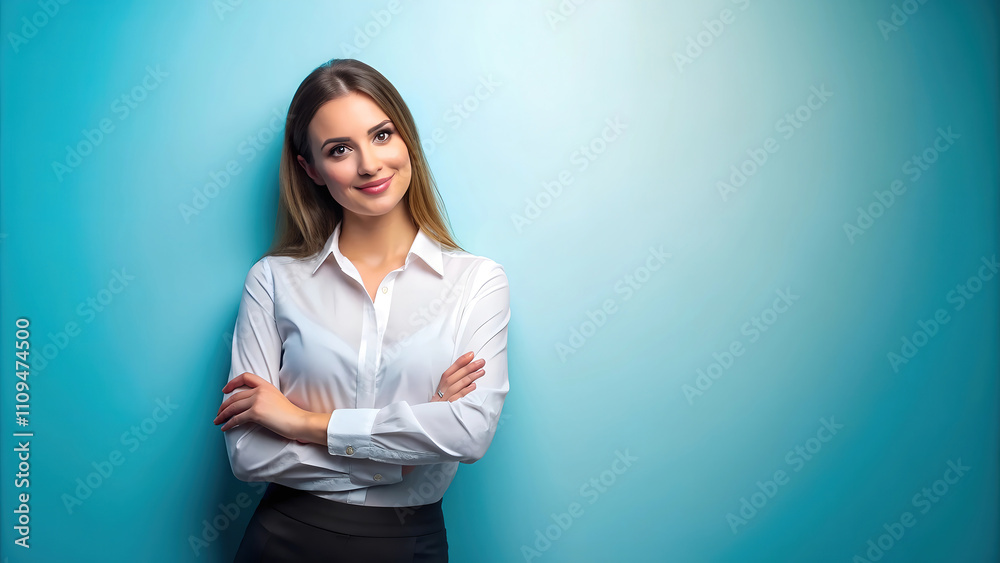 Confident young Caucasian woman in a professional setting, smiling with her arms crossed against a blue background. Confident young Caucasian woman in a professional setting, smiling with her arms crossed against a blue background.