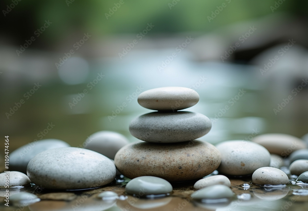 Three smooth stones stacked in a serene natural setting near calm water. Three smooth stones stacked in a serene natural setting near calm water.