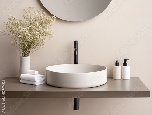 Elegant and Minimalist Bathroom Sink with Modern Decor Elements, Featuring Soft Textures, Clean Lines, and Fresh Floral Arrangement in a Relaxed Ambiance