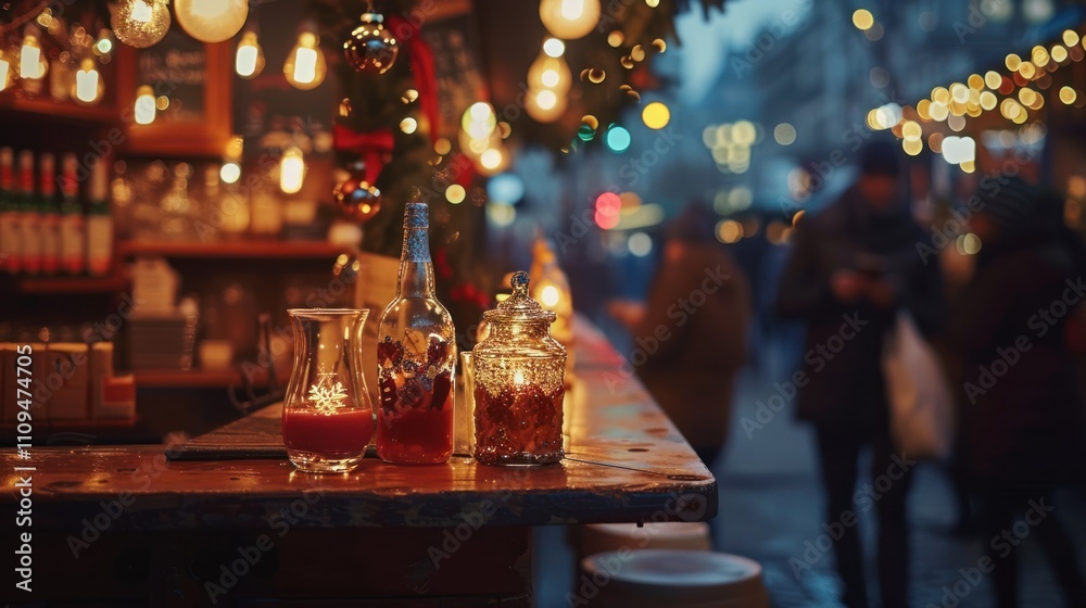 Festive drinks at a Christmas market stall at night. Festive drinks at a Christmas market stall at night.