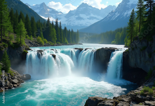 Majestic waterfall in forest with snow capped mountains.