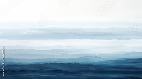 Serene misty mountain range landscape in shades of blue, creating a tranquil and atmospheric scene.