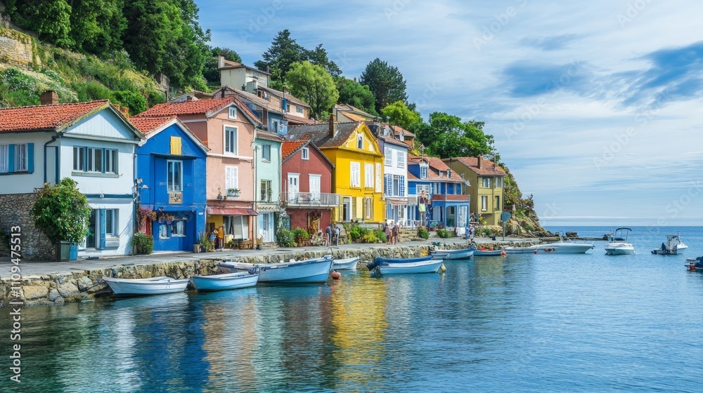 Charming coastal village with vibrant houses, boats gently swaying in the harbor, picturesque seaside scenery, tranquil atmosphere, inviting coastal lifestyle Charming coastal village with vibrant houses, boats gently swaying in the harbor, picturesque seaside scenery, tranquil atmosphere, inviting coastal lifestyle