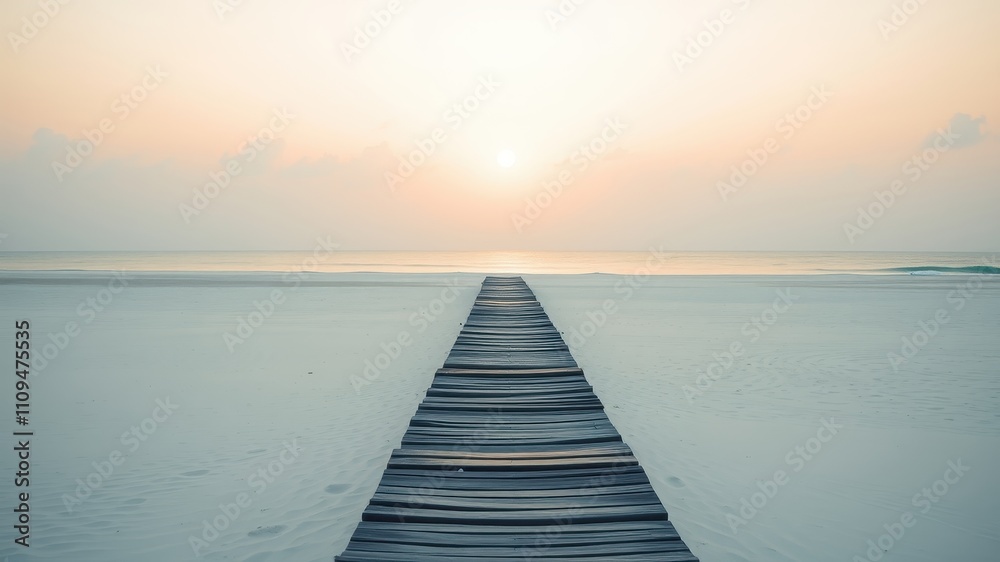 Fototapeta premium A Wooden Pathway Leads to the Horizon Across a Pristine Beach Under a Clear, Pale Sky