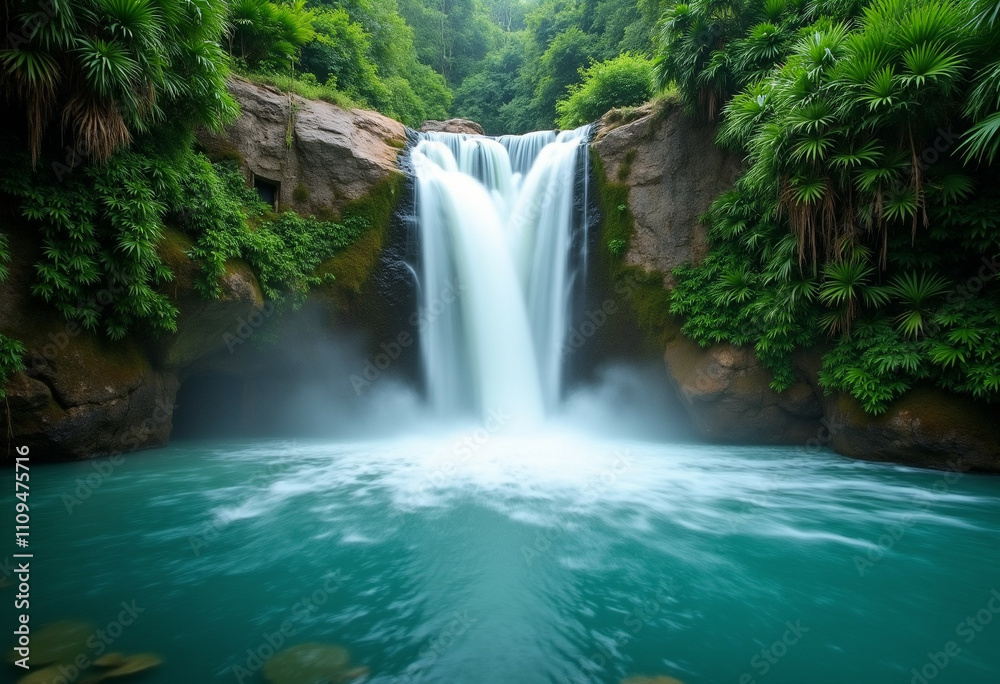 Obraz premium Serene waterfall cascading into a teal pool surrounded by lush green tropical foliage.