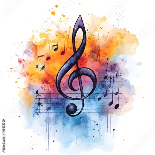 A watercolor painting of a musical note with a blue stem and orange
