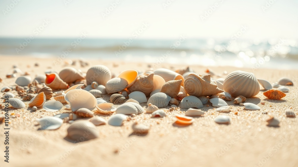 A scattering of seashells on a golden sand beach with the glistening ocean in the background. A scattering of seashells on a golden sand beach with the glistening ocean in the background.