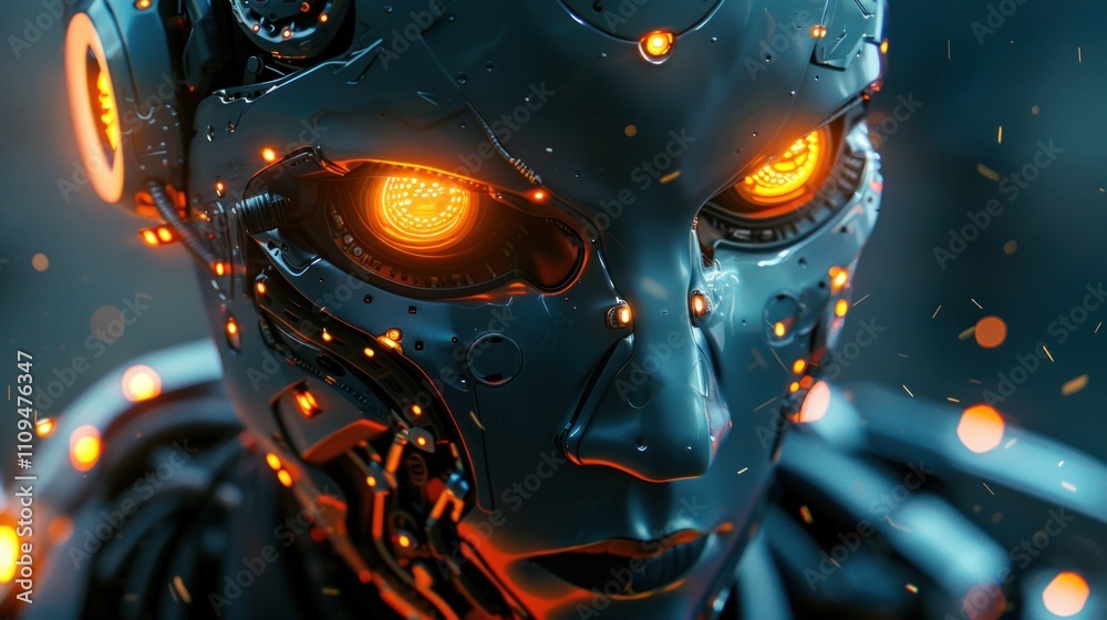 Close-up of a female robot's face with glowing orange eyes and metallic details. Close-up of a female robot's face with glowing orange eyes and metallic details.