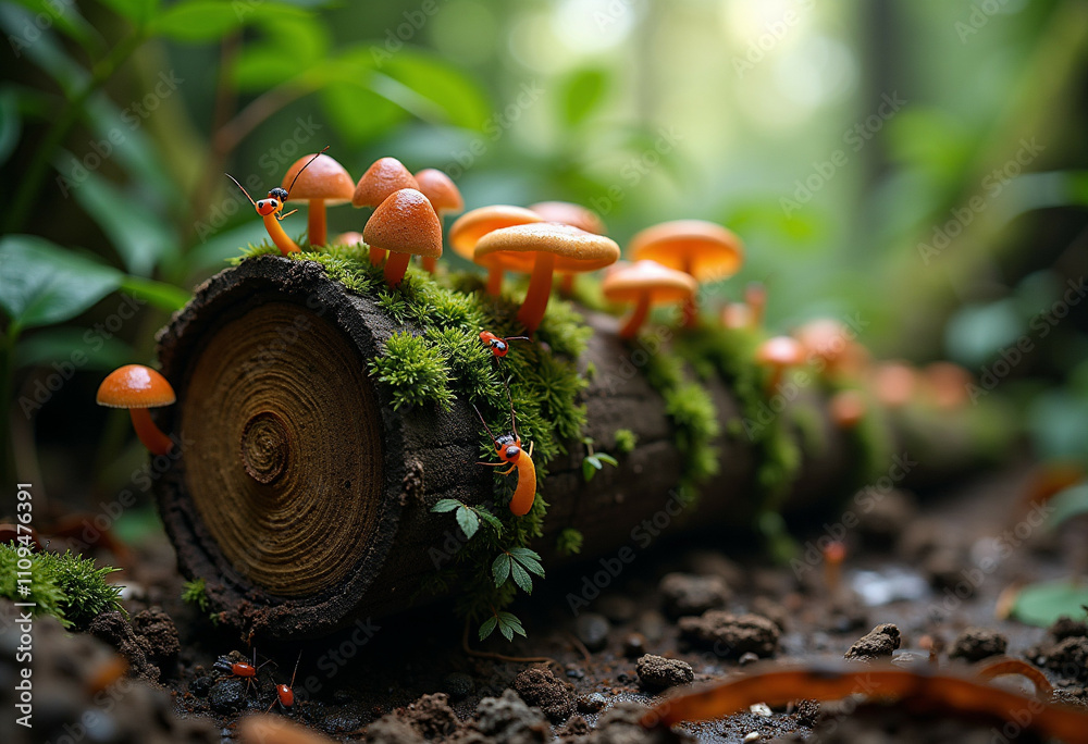 Fototapeta premium Orange mushrooms cluster on mossy log with tiny ants crawling around.
