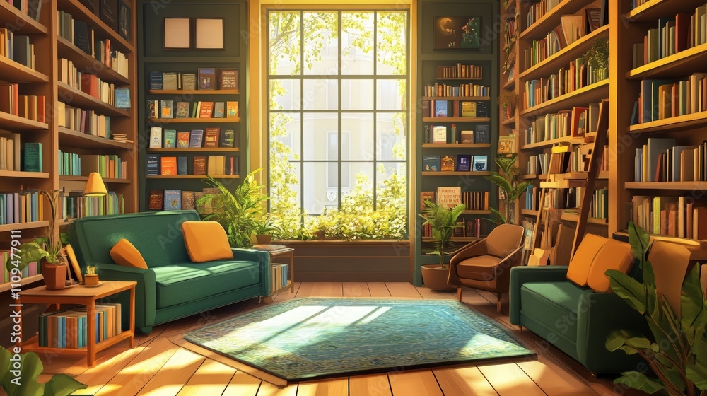 Cozy bookstore interior featuring inviting reading nooks, warm lighting, shelves filled with books, encouraging a peaceful browsing and relaxing atmosphere Cozy bookstore interior featuring inviting reading nooks, warm lighting, shelves filled with books, encouraging a peaceful browsing and relaxing atmosphere