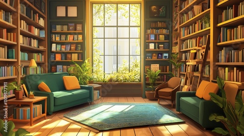 Cozy bookstore interior featuring inviting reading nooks, warm lighting, shelves filled with books, encouraging a peaceful browsing and relaxing atmosphere