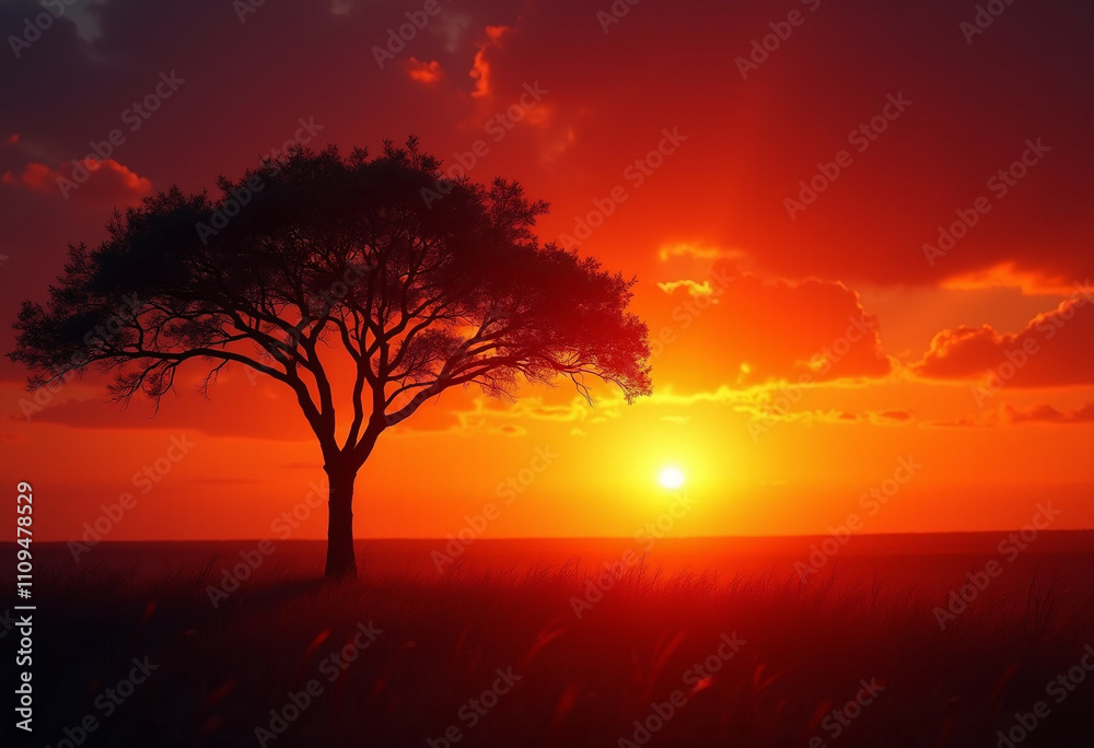 Silhouette of a lone tree against a vibrant fiery sunset over a grassy plain. Silhouette of a lone tree against a vibrant fiery sunset over a grassy plain.