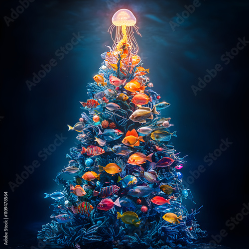 Underwater tree decorated with vibrant fish and colorful corals in a mystical ocean environment