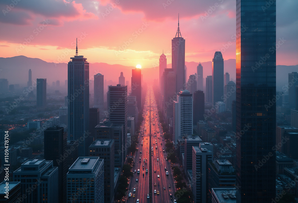 Fototapeta premium Vibrant city sunset with skyscrapers and busy highway.