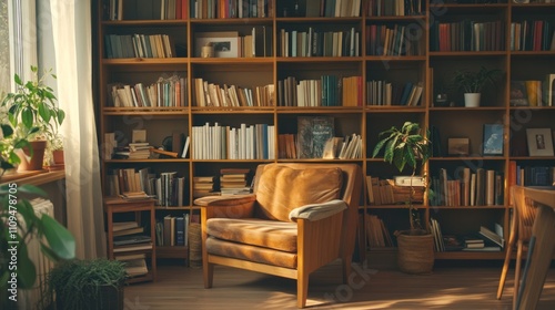 Cozy Reading Nook, inviting space with a wooden bookshelf brimming with books and personal treasures, exuding warmth and comfort for relaxation and reflection