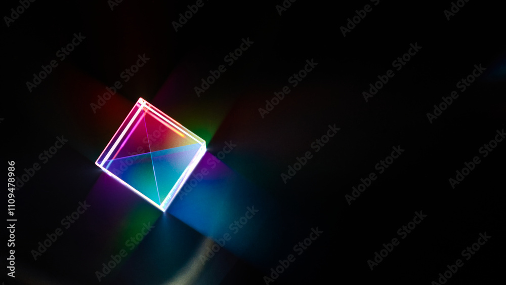 A glass dichroic prism disperse light into different colors on a black background