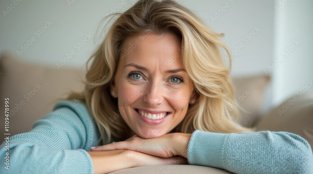 Blonde woman in blue sweater seated on couch, smiling. Blonde woman in blue sweater seated on couch, smiling.