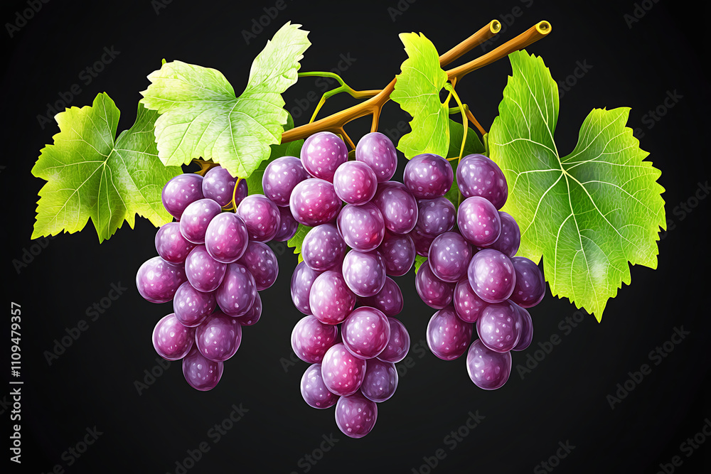 Fototapeta premium A cluster of ripe purple grapes with green leaves on a dark background.