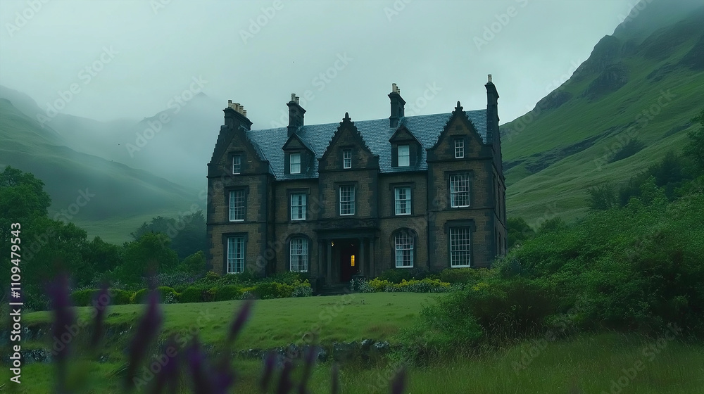 Historic stone mansion surrounded by misty green countryside hills.