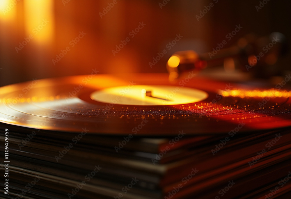 A vinyl record spins on a turntable bathed in warm golden light a stack of other records beneath. A vinyl record spins on a turntable bathed in warm golden light a stack of other records beneath.