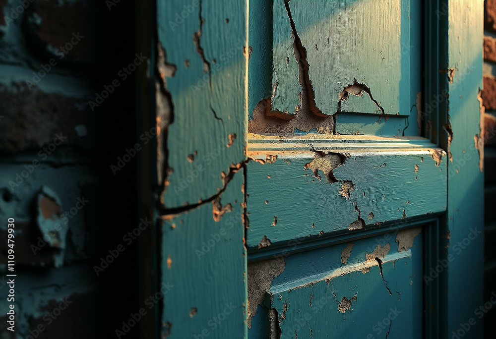 Close up of a weathered teal door showing significant paint damage and cracks. Close up of a weathered teal door showing significant paint damage and cracks.