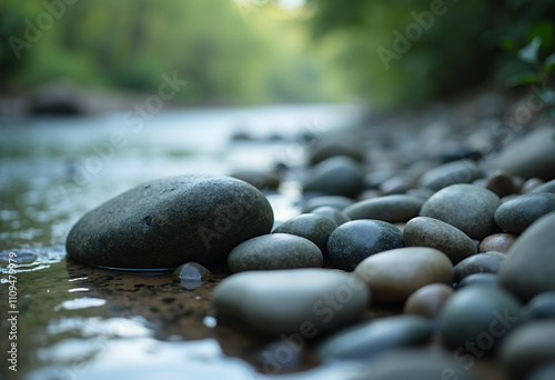 Smooth  dark stones rest by a tranquil river in a serene natural setting. photo