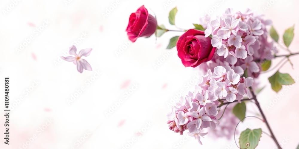 A Delicate Arrangement of Pale Pink Blossoms and Vibrant Red Roses, Floating Gracefully Against a Soft White Background A Delicate Arrangement of Pale Pink Blossoms and Vibrant Red Roses, Floating Gracefully Against a Soft White Background