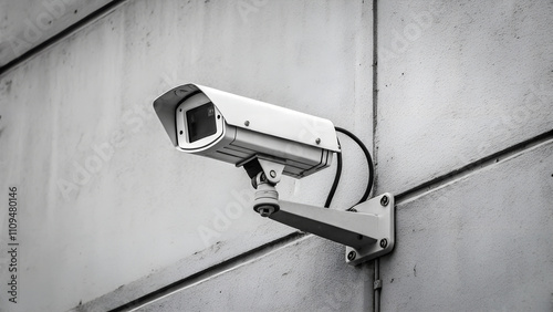 Surveillance camera mounted on a gray wall in a modern industrial style