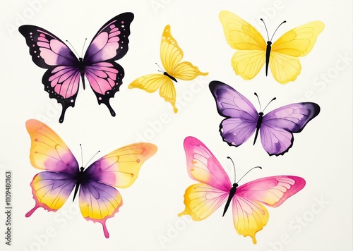 Delicate Watercolor Butterflies with Whimsical Black Ink Illustrations and Soft Pastel Gradients