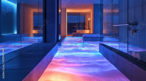 A serene, modern space featuring glowing, colorful water effects and sleek design elements, creating a tranquil ambiance.