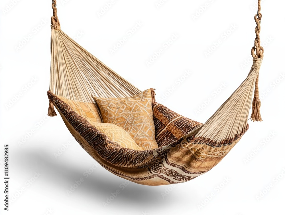 Obraz premium Beautifully crafted Brazilian hammock chair with intricate woven patterns and vibrant colors for a serene relaxation experience