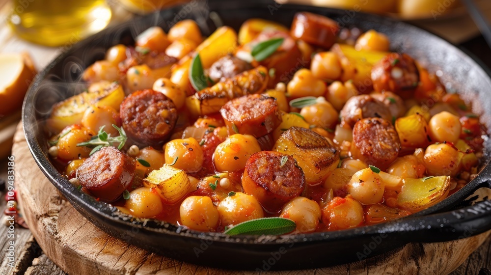 Steaming chickpea and chorizo stew in a cast iron skillet. Steaming chickpea and chorizo stew in a cast iron skillet.